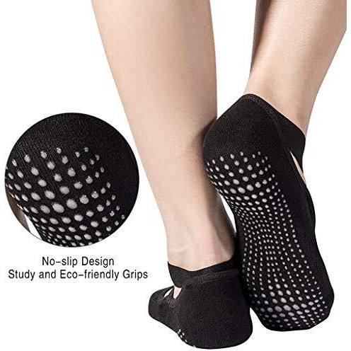 Proberos Women Cotton Yoga Ankle Length Socks Sport Fitness Half Toe Ankle Grip Gym No-Slip Socks For Pilates, Barre, Ballet, Barefoot Workout (2 Pairs-Black,Gray)