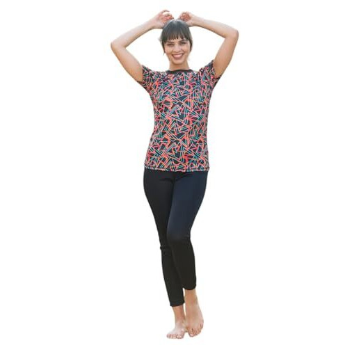 Rrovars Polyester Two Piece Women Swimwear Printed Swim Top With Plain Legging (Red Xl)