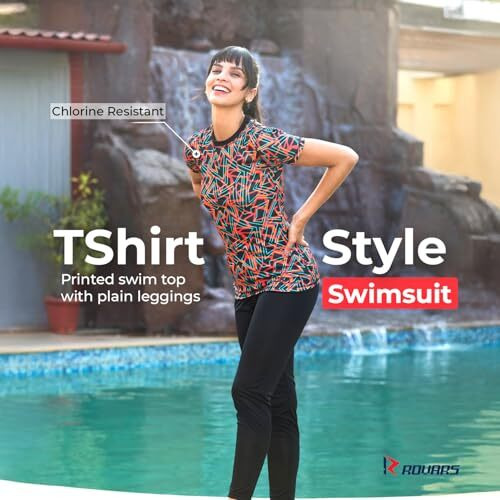 Rrovars Polyester Two Piece Women Swimwear Printed Swim Top With Plain Legging (Red Xl)