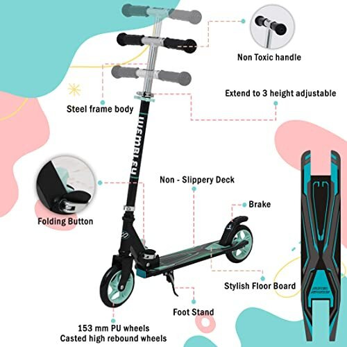 Wembley Kick Scooter For Kids 5+ Years | 2 Wheels Steel Frame Foldable And 3 Adjustable Height | Skating Cycle Kids Scooter 5 To 10, 12 Years Boys Girls - Sea Green Bis Certified - Capacity 50Kg