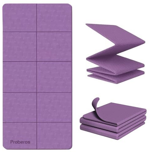 Proberos Tpe Portable Yoga Mat For Men Women Kids With Carry Bag, 5Mm Thicken Anti Slip Foldable Exercise Mats For Home Workout, Fitness Pilates And Meditation,Purple