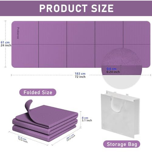 Proberos Tpe Portable Yoga Mat For Men Women Kids With Carry Bag, 5Mm Thicken Anti Slip Foldable Exercise Mats For Home Workout, Fitness Pilates And Meditation,Purple