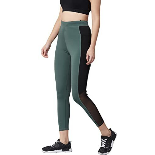 Blinkin Stretchable High Rise Yoga Pants For Women & Gym Pants For Women Workout With Mesh Insert & Side Pockets (1869,Color_Hunter Green With Black Stribes,Size_Xl)