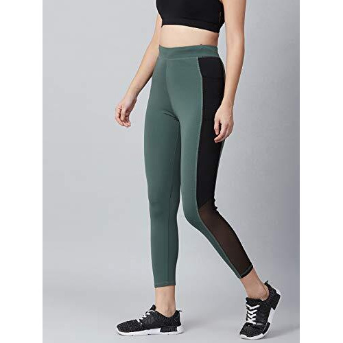 Blinkin Stretchable High Rise Yoga Pants For Women & Gym Pants For Women Workout With Mesh Insert & Side Pockets (1869,Color_Hunter Green With Black Stribes,Size_Xl)