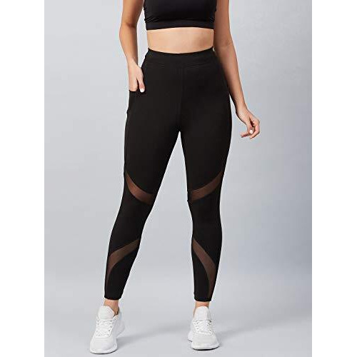 Blinkin Stretchable Gym Pants For Women & Tights For Women Workout With Mesh Insert & Side Pockets (2670,Color_Black,Size_5Xl)