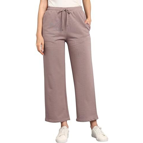 Alan Jones Clothing Solid Women's Relaxed Fit Wide Legs Track Pant (Dusty Pink_L) | Rise Style Mid Rise