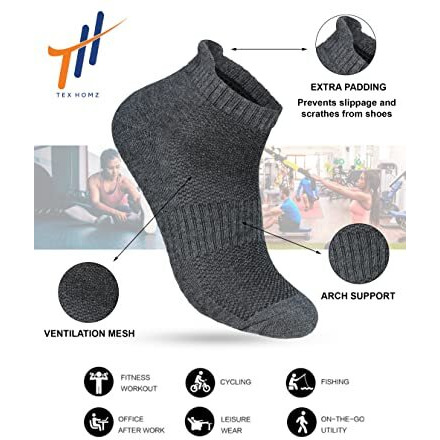 Tex Homz Men's And Women's Sport Ankle Men's Heavy Duty Cotton Quarter Length Athletic Socks, Pack Of 5 (Free Size) - Black, Dark Grey, White, Blue, Grey