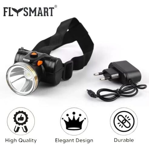 Flysmart 100W Rechargeable Led Head Torch Headlight Upto 1Km Range With 8 Hours Continous Light, Two Light Modes Feature For Farmers Camping Caving Hiking Trekking Cycling Running Etc