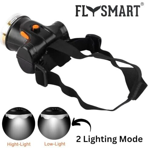 Flysmart 100W Rechargeable Led Head Torch Headlight Upto 1Km Range With 8 Hours Continous Light, Two Light Modes Feature For Farmers Camping Caving Hiking Trekking Cycling Running Etc