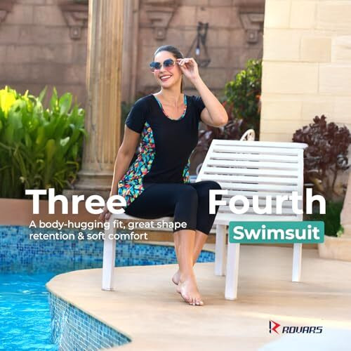 Rovars One Piece Three Fourth Leg Women Swimwear (Black Green, 2Xl)