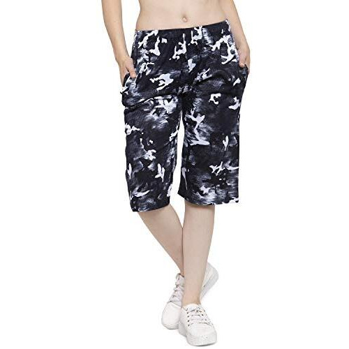 Uzarus Women's Girls Cotton Three Fourth Capri Shorts With Two Zippered Pockets Black Regular Fit