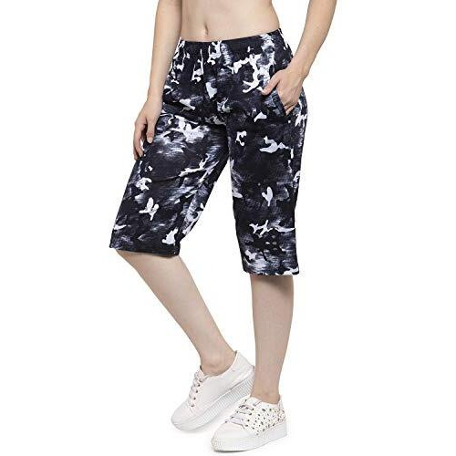 Uzarus Women's Girls Cotton Three Fourth Capri Shorts With Two Zippered Pockets Black Regular Fit