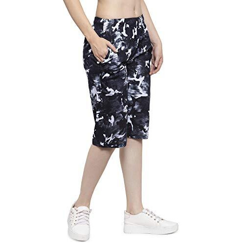Uzarus Women's Girls Cotton Three Fourth Capri Shorts With Two Zippered Pockets Black Regular Fit