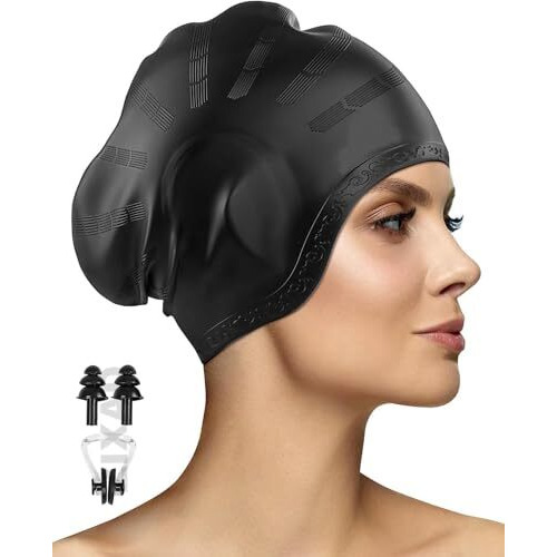 Latest Designed Long Hair Swim Cap,Waterproof Silicone Swimming Cap For Adult Woman And Men,Keeps Hair Clean With Ear Protector Fresh Long Lasting Silicone Made Waterproof Swimming Cap (Black)