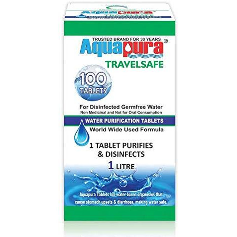 Aquapura Travelsafe Water Purification Tablets, 100 Tablets Pack, Each Tablet For 1-2 Litres Water (Water Purifiers), 3 Years Shelf Life & Warranty