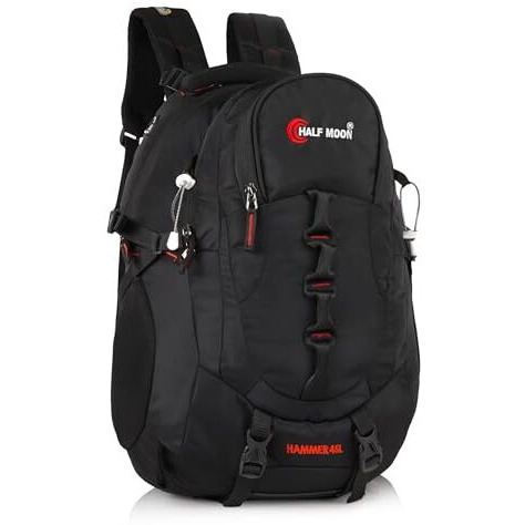 Half Moon 45L Hammer Waterproof Rucksack Bags For Men/Trekking Bag For Mens | With 17.3 Laptop Compartment & Rain Cover | 1 Year Warranty | For Hiking, Travel Backpack For Boys & Girls (Black)