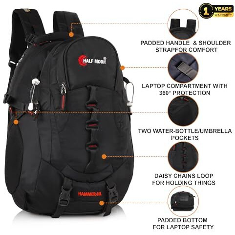 Half Moon 45L Hammer Waterproof Rucksack Bags For Men/Trekking Bag For Mens | With 17.3 Laptop Compartment & Rain Cover | 1 Year Warranty | For Hiking, Travel Backpack For Boys & Girls (Black)