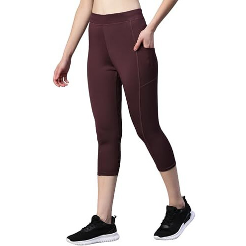 Blinkin 3/4Th Gym Pants For Women Workout, Capri For Women With Side Pockets - Ultimate Active Wear Capris Tights For Women Workout|Yoga Pants For Women (Maroon,Size_L) |Fit Type Skinny Fit