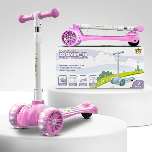 Tygatec 3 Wheel Kids Scooter For Year 5 To 14, Led Magic Wheels, Smart Kick Scooter With Fold-Able & Height Adjustable Handle For Baby Boys And Girls With Foot Brakes (Rosy Pink)