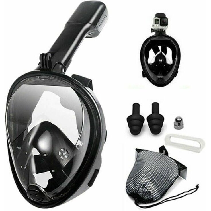 Vbm Full Face Snorkeling Mask Diving Gear - Latest Dry Top System,180 Degree Panoramic View Snorkeling Mask With Camera Mount,Safe Breathing,Anti-Leak Anti-Fog-Swim Fins (Black - S/M)