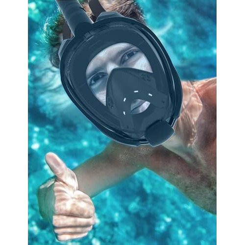 Vbm Full Face Snorkeling Mask Diving Gear - Latest Dry Top System,180 Degree Panoramic View Snorkeling Mask With Camera Mount,Safe Breathing,Anti-Leak Anti-Fog-Swim Fins (Black - S/M)