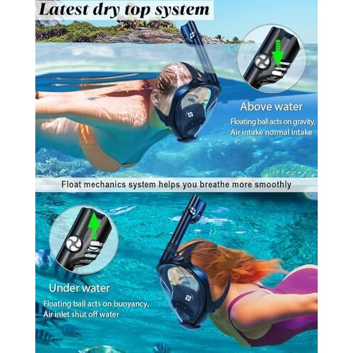 Vbm Full Face Snorkeling Mask Diving Gear - Latest Dry Top System,180 Degree Panoramic View Snorkeling Mask With Camera Mount,Safe Breathing,Anti-Leak Anti-Fog-Swim Fins (Black - S/M)