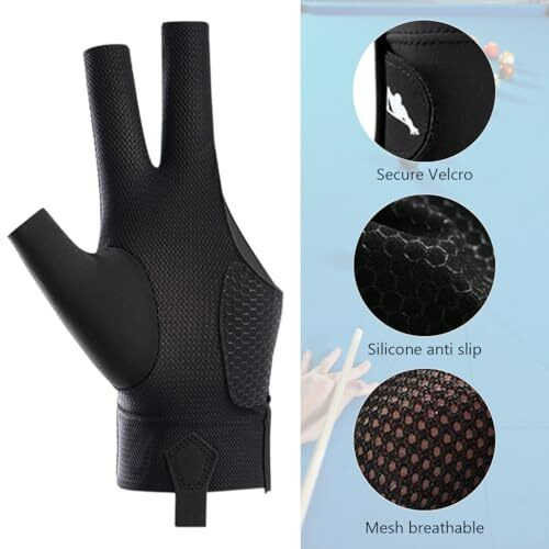 Proberos 1Pcs Snooker Pool Billiard Glove, Left Hand Billiard Glove, Single Hand Professional Snooker Glove, Breathable Snooker Glove, 3 Fingers Anti-Slip Patch Design With Adjustable Wrist Strap