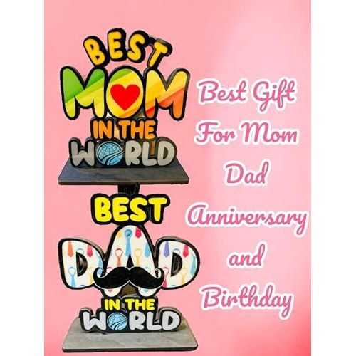 Warmingo De Best Mom & Dad In The World Wooden Trophy Combo | Best Gift For Mother Father Wedding Anniversary | Mothers Fathers Day Gift Multicolor (6 X 5.5 Inches Each)