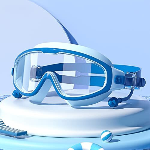 Wolpin Swimming Goggles With Ear Plugs For Kids & Free Protective Case Clear Lens Big Frame Competition Leakproof Swim Goggles With Uv And Anti Fog Protection, Blue (3-14 Yrs)