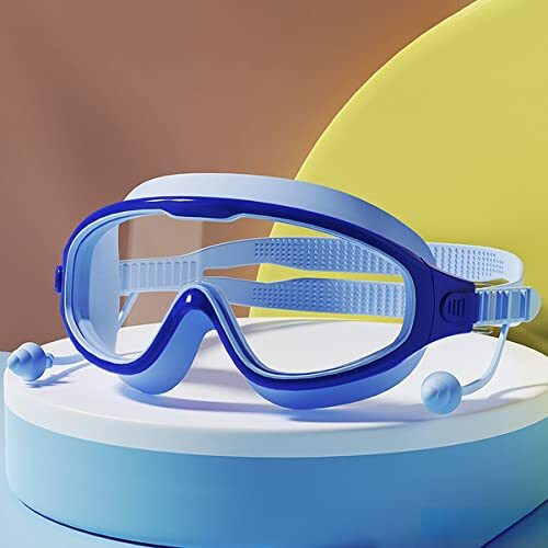 Wolpin Swimming Goggles With Ear Plugs For Kids & Free Protective Case Clear Lens Big Frame Competition Leakproof Swim Goggles With Uv And Anti Fog Protection, Blue (3-14 Yrs)