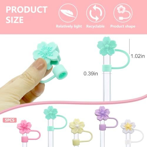Hasthip 5Pcs Flower Silicone Straw Caps For Stanley 30&40 Oz Cups Accessories Cherry Blossom Straw Covers Universal 10Mm Straw Covers For Glass Straws, Dust-Proof Straw Caps For Water Bottle