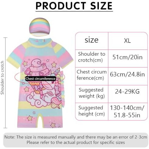 Palay Unicorn Swimming Costume For Kids Girls 6-8 Years Old, Multicolored Swim Suit For Kids Girls, One-Piece Cartoon Swimsuit For Girls With Swim Cap, Beachwear Kids Swimming Bathing Suit