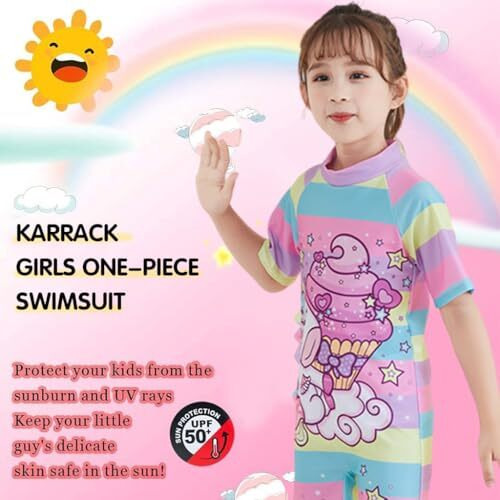 Palay Unicorn Swimming Costume For Kids Girls 6-8 Years Old, Multicolored Swim Suit For Kids Girls, One-Piece Cartoon Swimsuit For Girls With Swim Cap, Beachwear Kids Swimming Bathing Suit