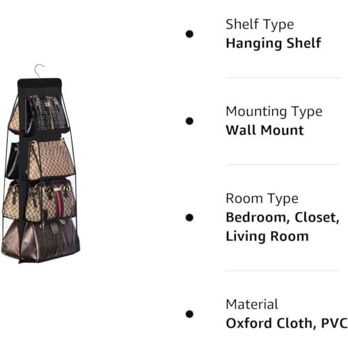 Gbmi Handbag Organizer, Bag Organiser For Ladies Handbags, Purse, Clutch, Clothes Organiser For Wardrobe, Purse Organiser With Hanger, Women, Non-Woven (8 Pocket- 110 X 35 X 35 Cm (Pack Of 1), Black)