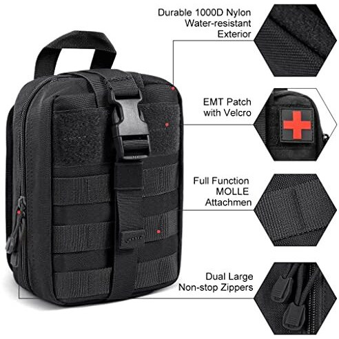 Proberos Nylon First Aid Box For Medical Emergency Kit, Heavy Duty And Large Capacity Military Grade Rip-Away Ifak Pouch For Sports, Hiking, Camping, Traveling (Bag Only), Black