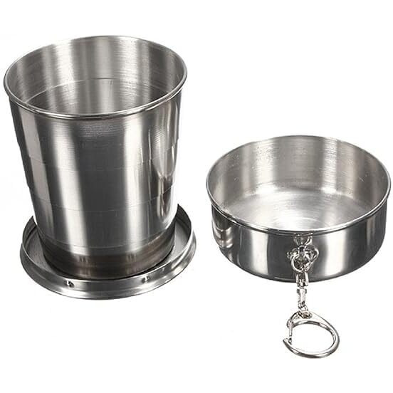 Gurjas Fancy Kitchren Small Foldable Glass, Compact Portable Folding Stainless Steel Travel Mug-120Ml Water Cup With Hanging Chain For Camping, Hiking & Outdoor Adventures-(Pack Of 1)