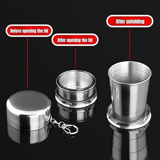 Gurjas Fancy Kitchren Small Foldable Glass, Compact Portable Folding Stainless Steel Travel Mug-120Ml Water Cup With Hanging Chain For Camping, Hiking & Outdoor Adventures-(Pack Of 1)