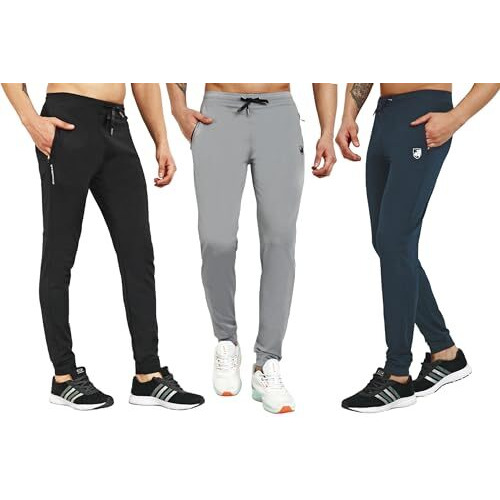 Rynogear Lycra Stretchable Track Pants Combo With Zipper Pockets (Pack Of 3), Men, Black, Airforce Green & Light Grey