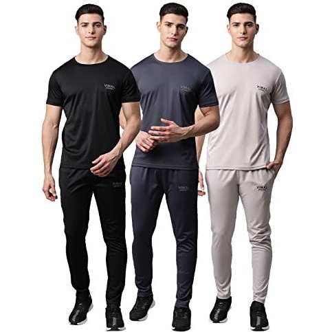 Vimal Jonney Dryfit Solid Lycra Multicolor Tracksuit Co-Ord Sets For Men (Pack Of 3)-Dryfit_T_D10_Blk_Gry_L.Gry_06-M