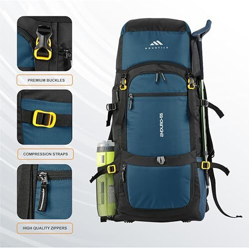 Mountile Enduro 55L Travel Backpack With Water Proof Rain Cover, Shoe Compartment - Camping Hiking Rucksack Trekking Bag (Englishblue) - Mtl05