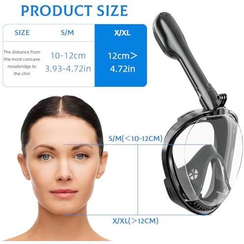 Proberos Adult Snorkel Mask, 180 Wide Angle View Anti-Fog Snorkling Face Mask With Drain Valve, Detachable Breathing Tube Design Full Face Snorkeling Mask Diving Gear With Camera Mount, L/Xl