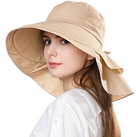 Palay Polyester Fashion Women Wide Brim Hat-Uv Protection Summer Sun Hat With Ponytail Hole Back Neck Flap Cover,Khaki, Free Size