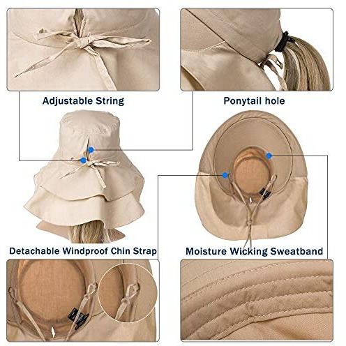 Palay Polyester Fashion Women Wide Brim Hat-Uv Protection Summer Sun Hat With Ponytail Hole Back Neck Flap Cover,Khaki, Free Size