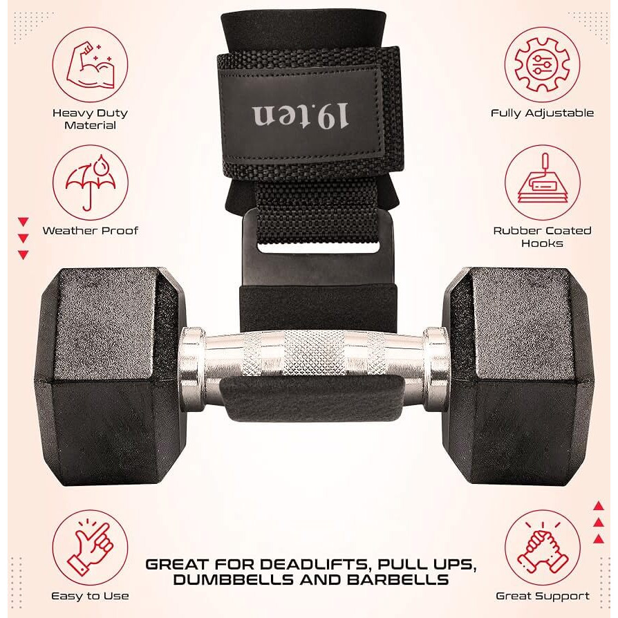 19.Ten Unisex Heavy Duty Weight Lifting Wrist Straps With Steel Hooks And Neoprene Padding For Dead Lifting Gym Training Workout Exercise Body Building Grips Straps (Set Of 2, Black)