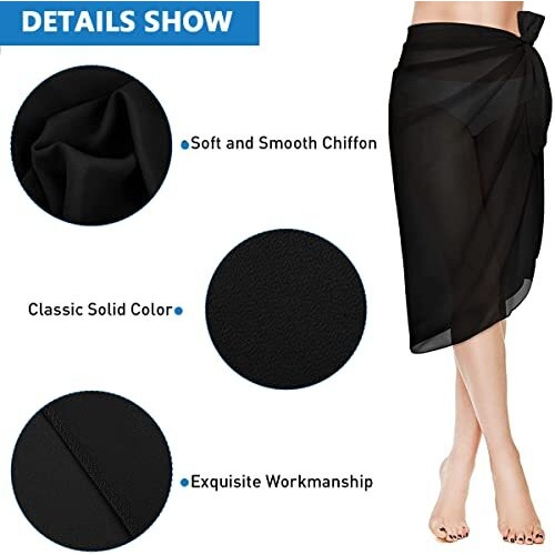 Sannidhi Sheer Sarong Beach Coverups, Long Chiffon Swimsuit Coverup Sarongs For Women Beach Wear Bikini Wrap Coverup - Black, 57In