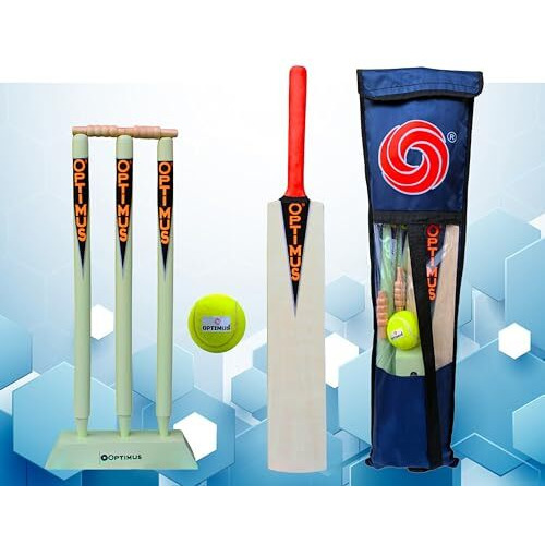 Optimus Cricket Wooden Kit Combo Set For Kids In Heavy Tetron Cover - Size 5 For 11-12 Year Kids (1 Bat, 1 Tennis Rubber Ball, 3 Wickets, 1 Wicket Base, 2 Bails & 1 Kit Cover) 4D
