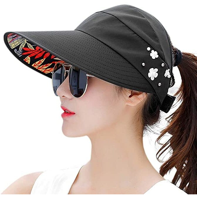 Alexvyan Polyester Sun Visor Hats For Women Uv Protection Wide Brim Summer Cap For Girls Hat Uv Protection Breathable Casual Beach Hat, Sun Protection Cap For Women (Black), Large