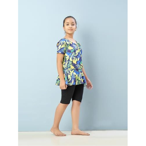 Aarika Girls Sports Wear Yellow Black Colour Floral Print Nylon Swim Suit (5-15 Years)-(Sw-Shm-Ca-1114)