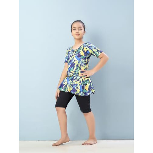 Aarika Girls Sports Wear Yellow Black Colour Floral Print Nylon Swim Suit (5-15 Years)-(Sw-Shm-Ca-1114)