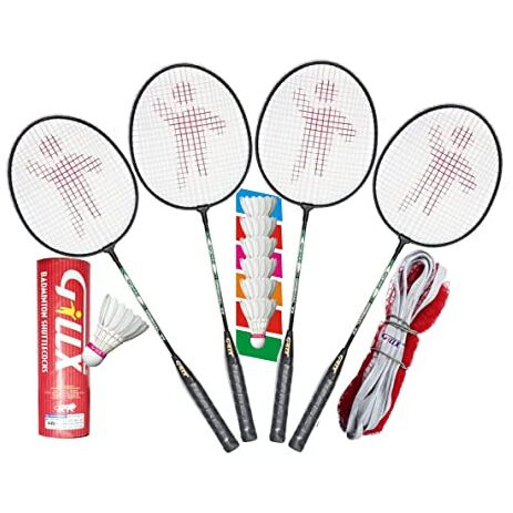 Gillx Badminton Rackets 4 Piece 6 Piece Feather Shuttle With Badminton Net Two Side Covered Patti Up & Down